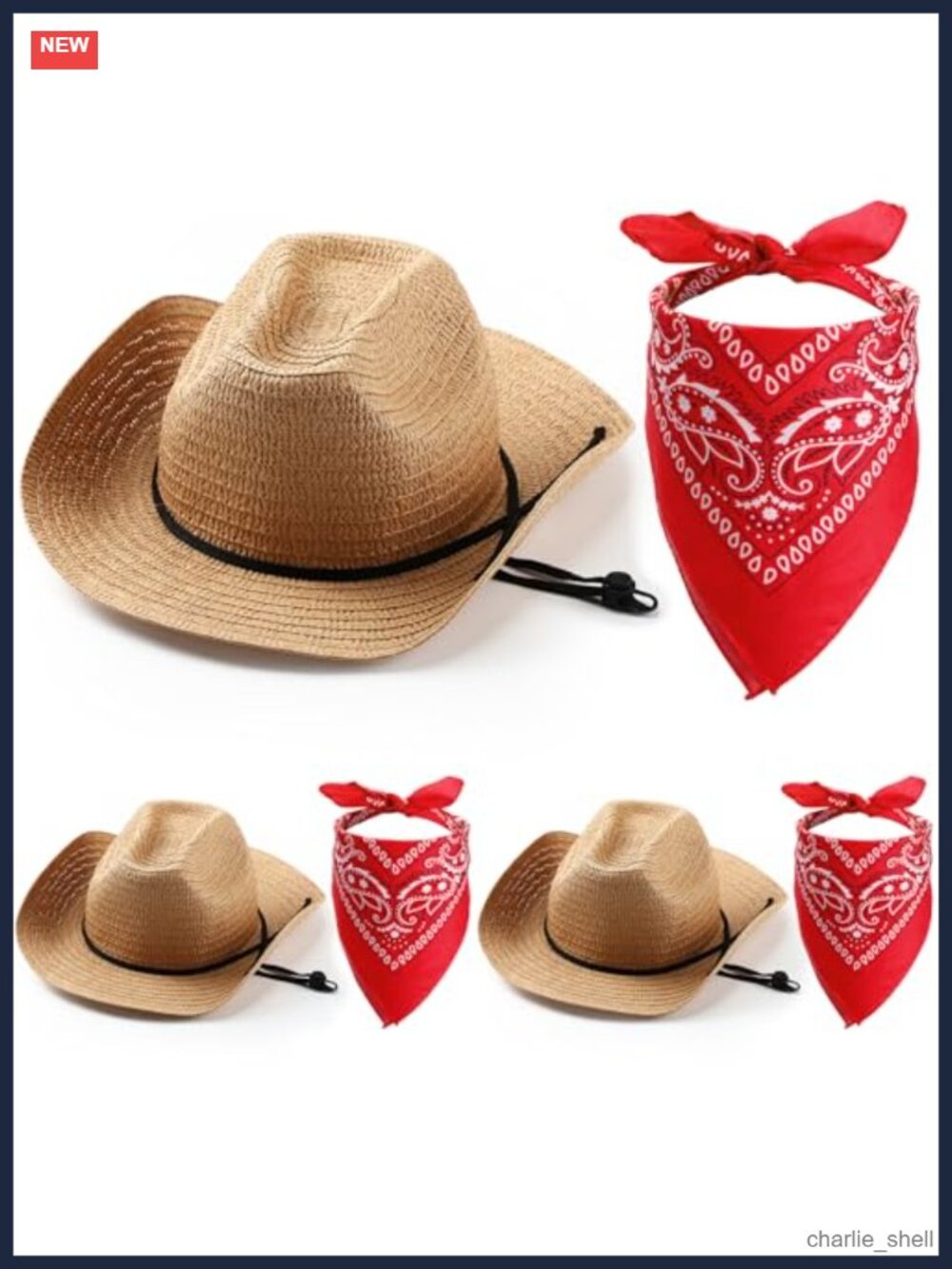 3 Pack Straw Cowboy Hats with Red Bandanas Adjustable Western Set